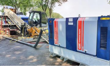 Gorman-Rupp S-Line pompset naast een boorinstallatie voor een horizontaal gestuurde boring